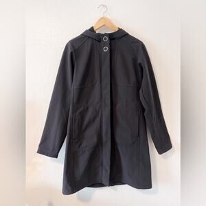 Lucy | Long Black Soft Shell Hooded Zip Snap Fleece Lined Jacket